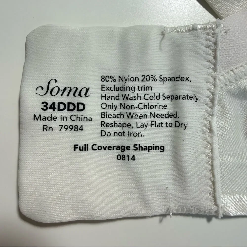 SOMA Full Coverage Shaping Bra 0814 Ivory White Underwire Satin 34DDD